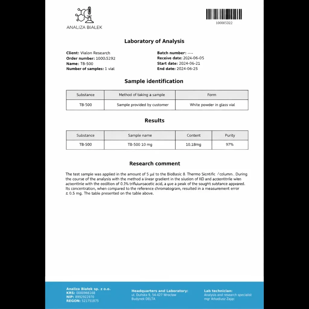 Certyfikat analizy (CoA) dla TB-500 5mg – Peptydy Sklep